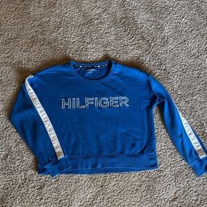 Tommy Hilfiger Blue Crewneck Sweater with White Sleeve Stripes